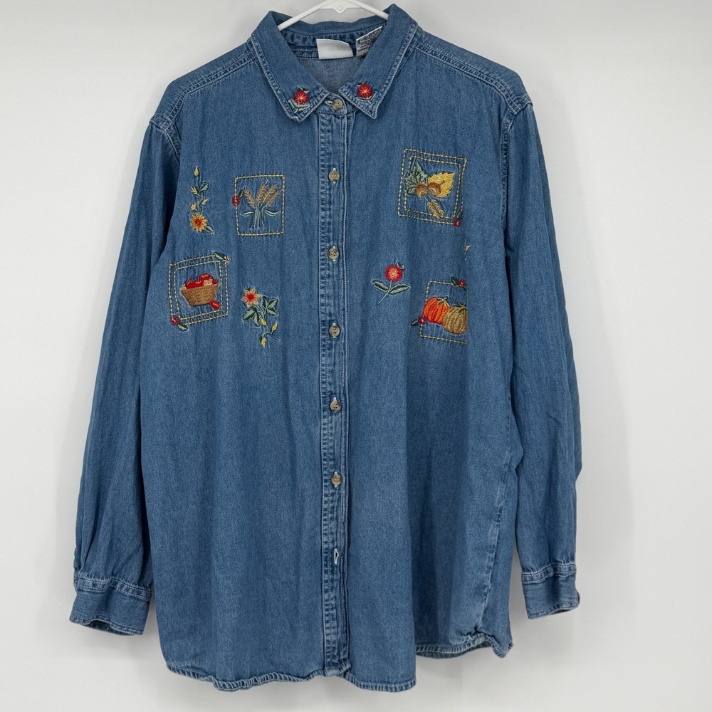 Vintage 90s Bobbie Brooks Denim Shirt Embroidered Fall Harvest Blue Plus 18W 20W